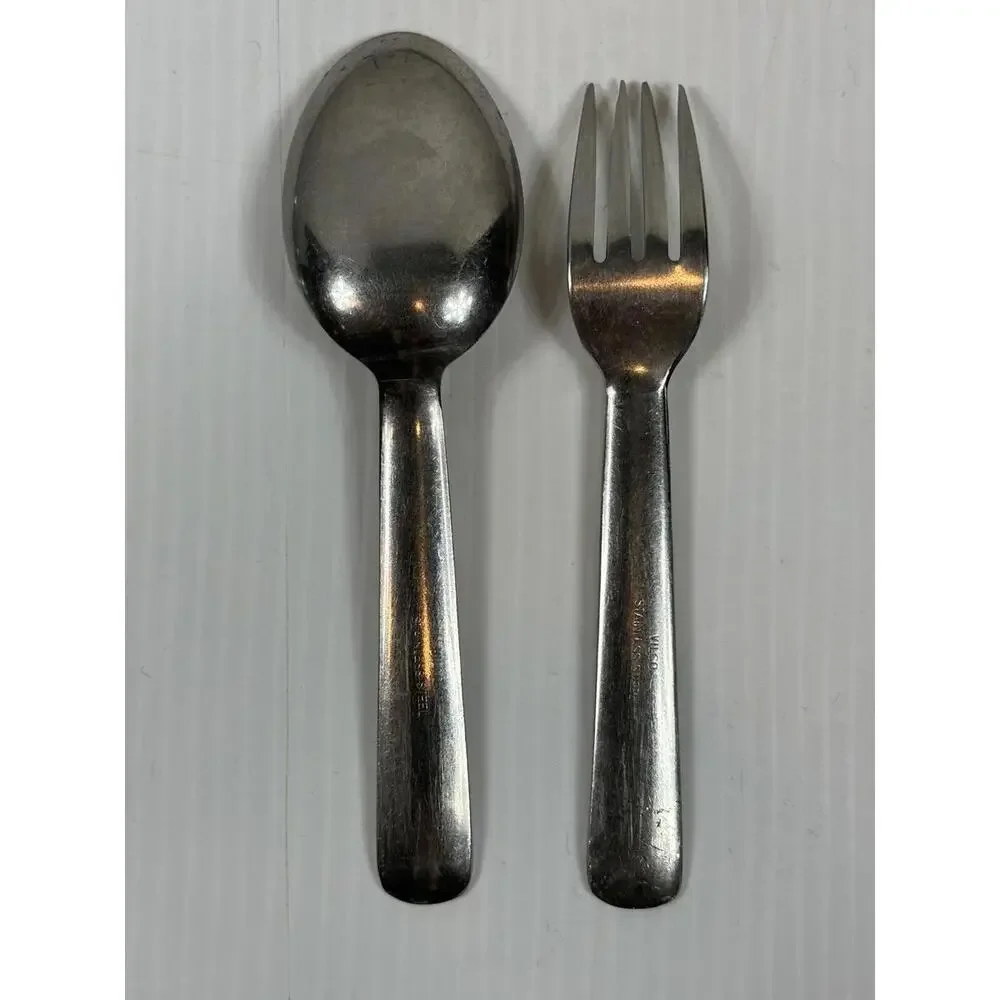 Vintage MCM Vilco Stainless Steel Fork Spoon Set Wide Handle M Above U Logo‎